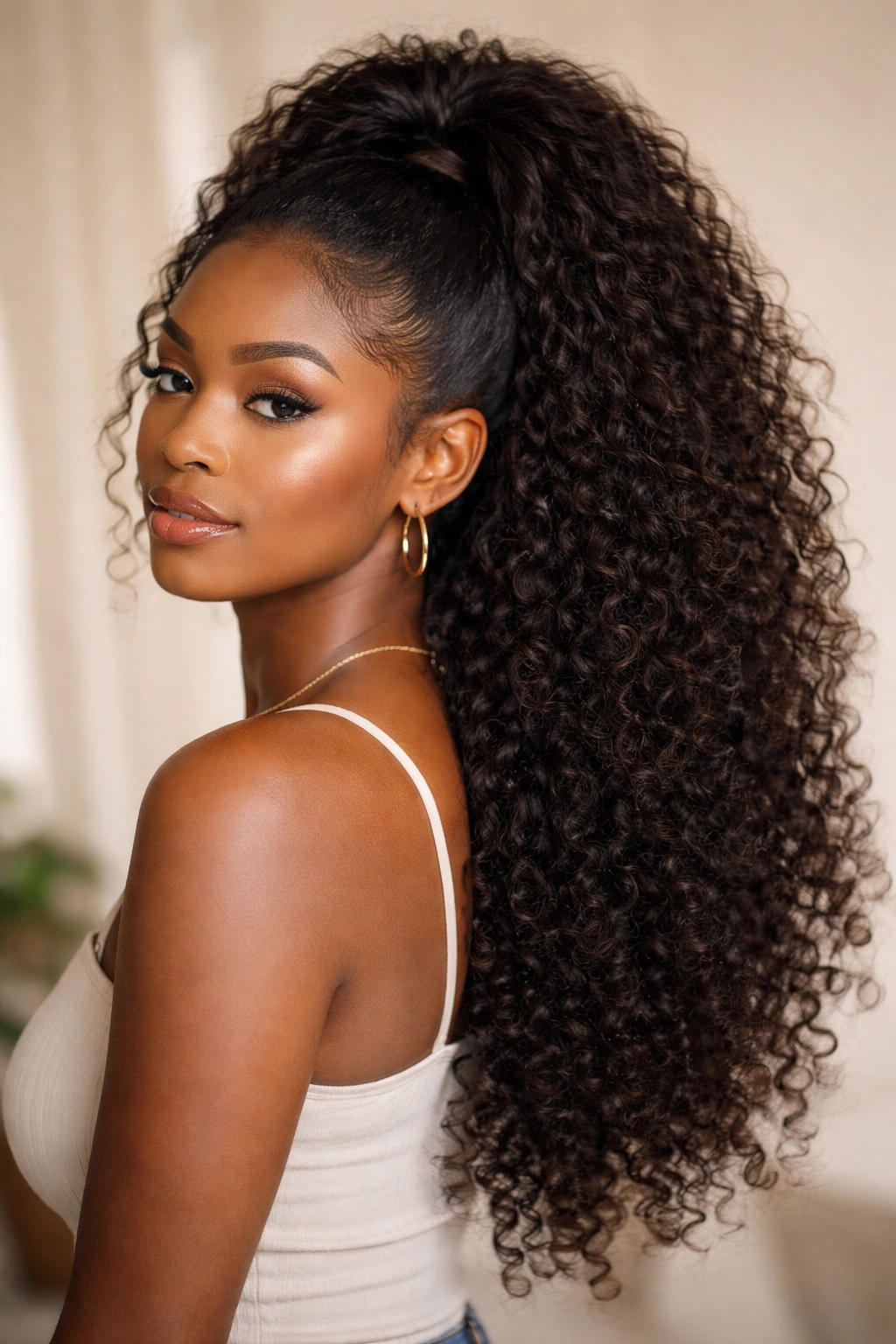 Half-up half-down hairstyle with a voluminous crown and loose curls
