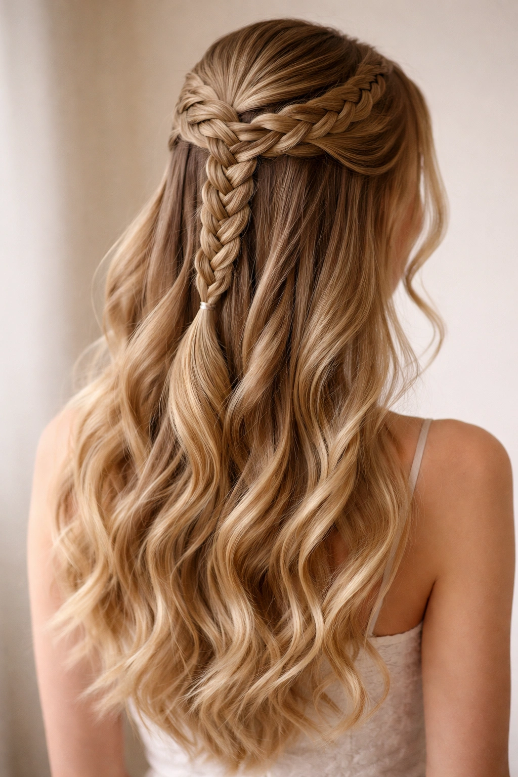 Dutch braid half-up with loose waves below