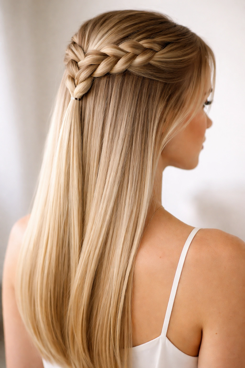 Half-up Dutch braid on straight hair with raised crown braid and straight lower hair