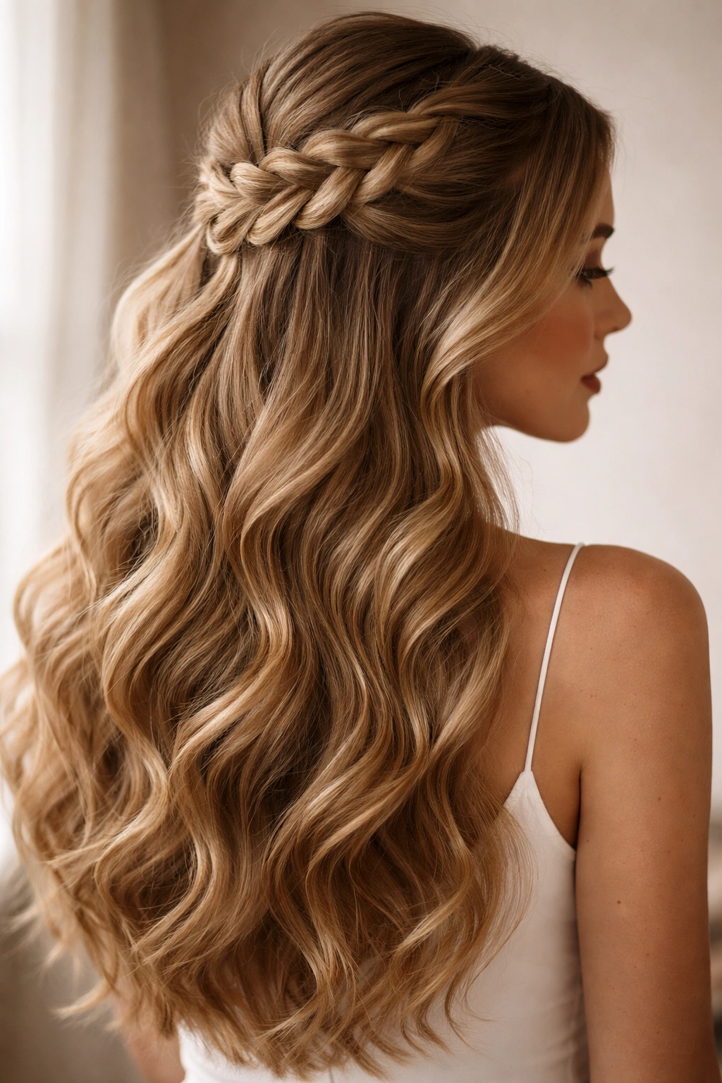 Thick hair in a half-up Dutch braid