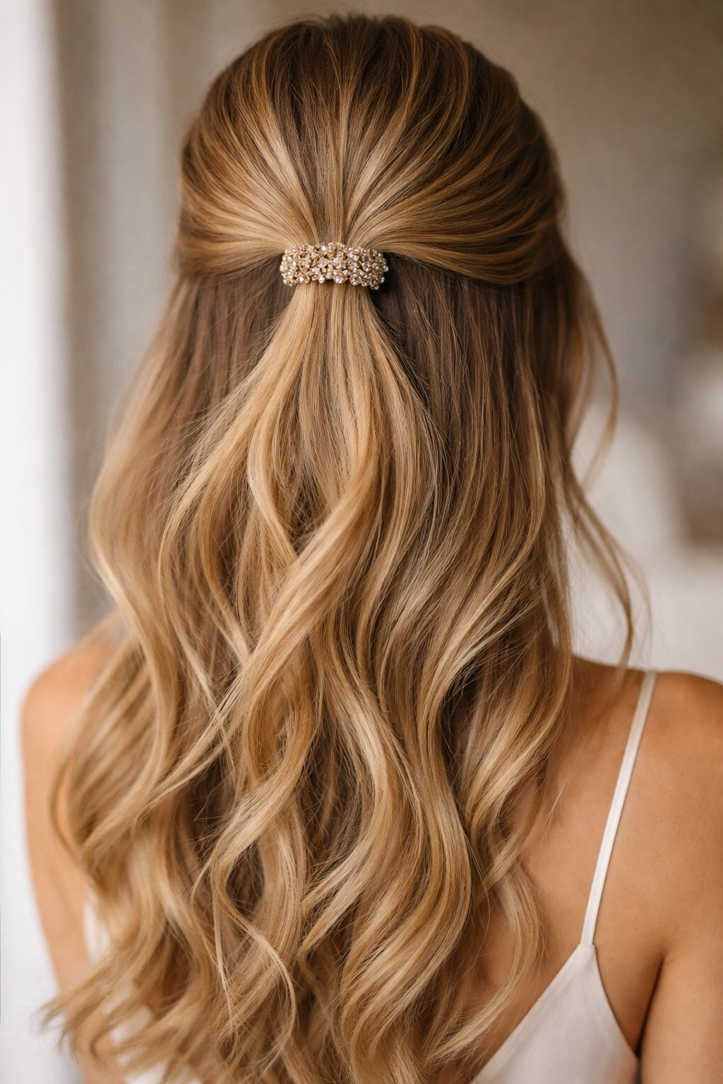 Half-up ponytail with a beaded metallic elastic around the base