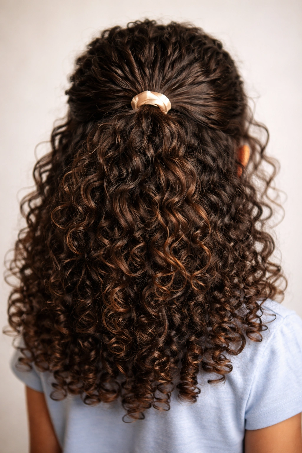 Close-up of a simple half-up style showing emphasized curl texture secured with a satin elastic.