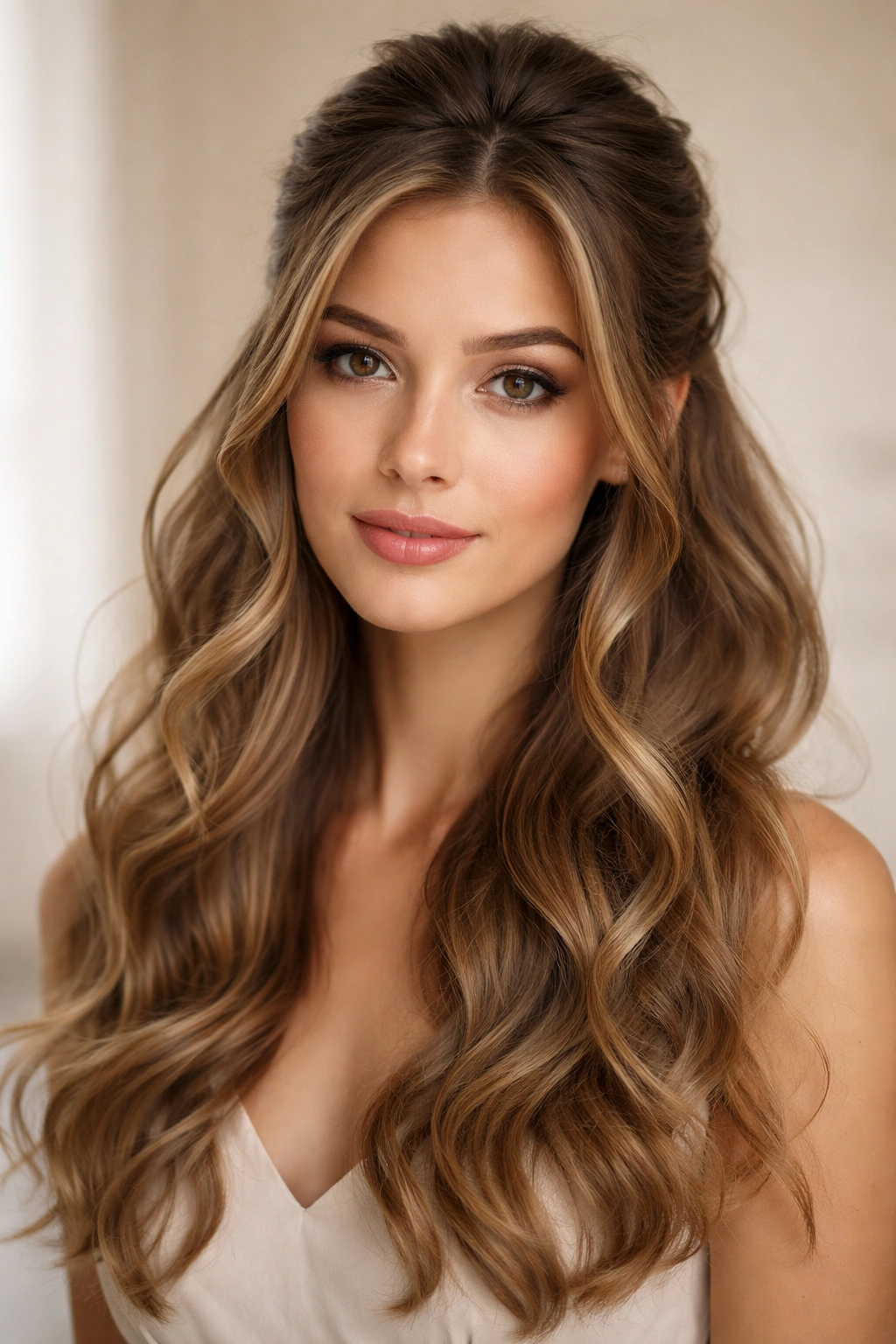 Half up hairstyle with face-framing pieces softly framing the face