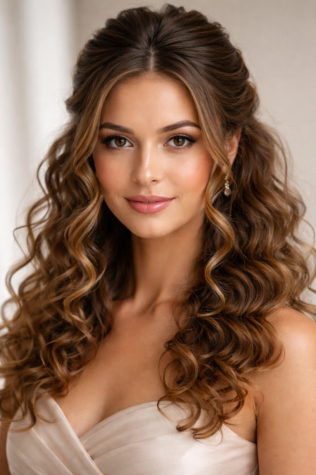 Half-up hairstyle with defined face-framing curls
