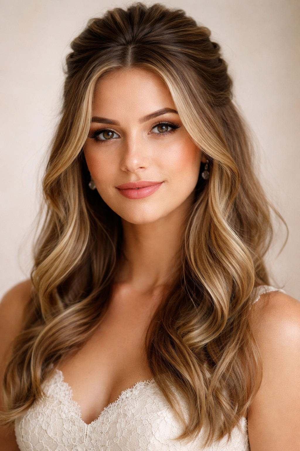 Half-up hairstyle with face-framing layers around the face