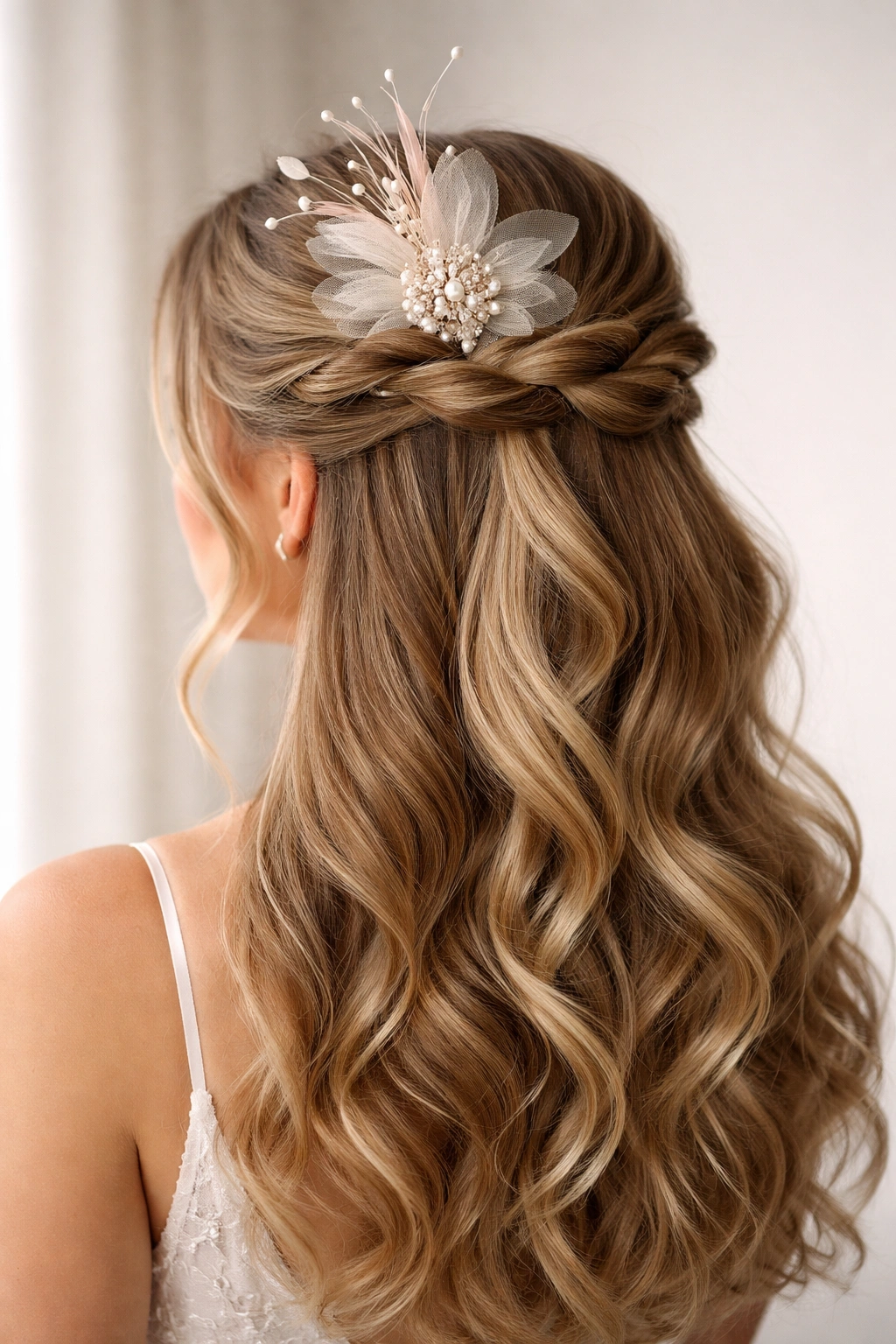 Close-up of a twisted half-up hairstyle with a centerpiece fascinator at the crown