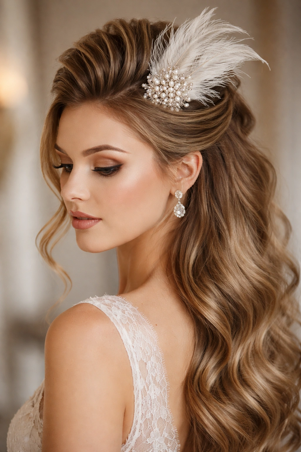 Half-up hairstyle with crown-height faux hawk and feather accessory