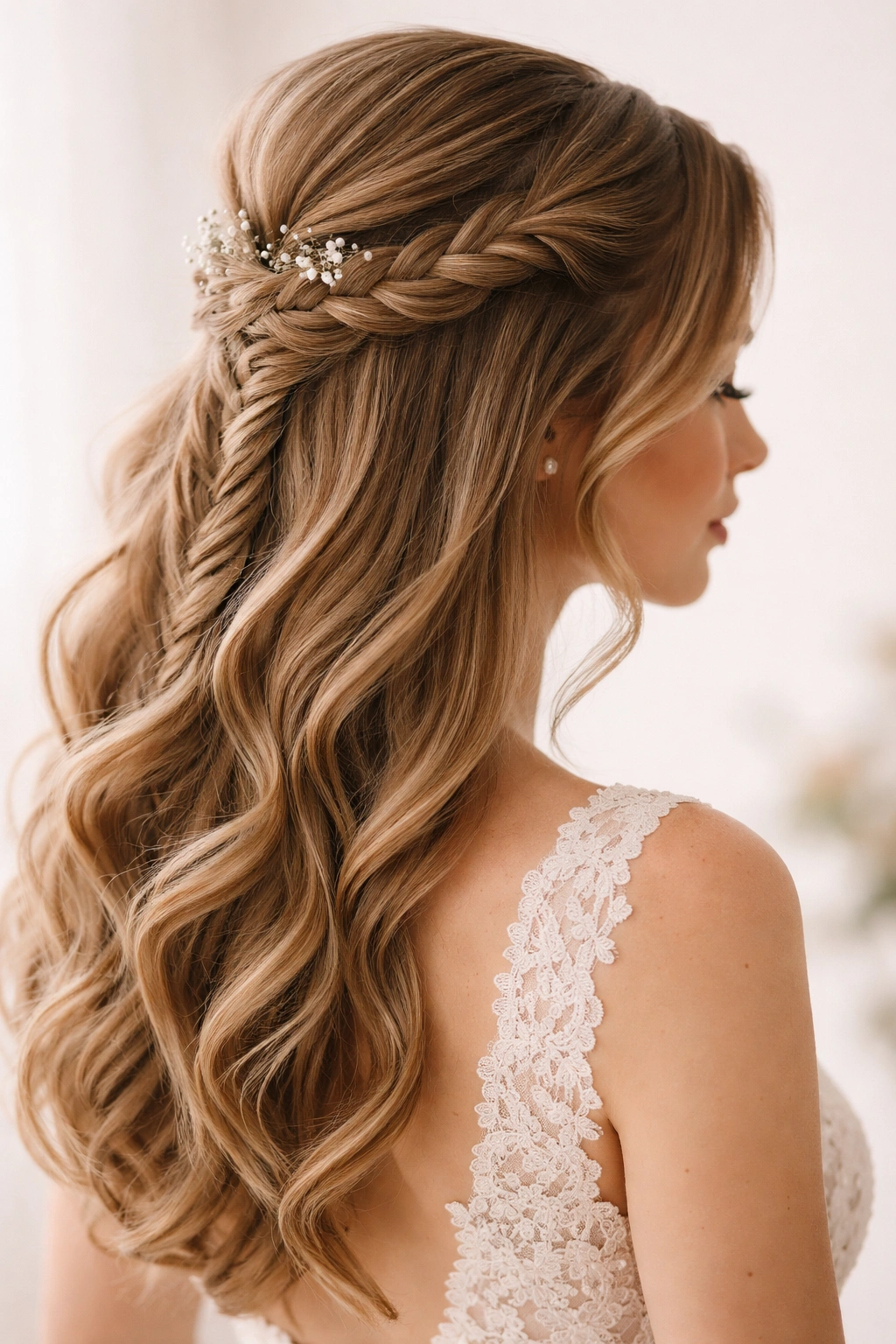Close-up of half-up hairstyle with a fishtail braid at the crown