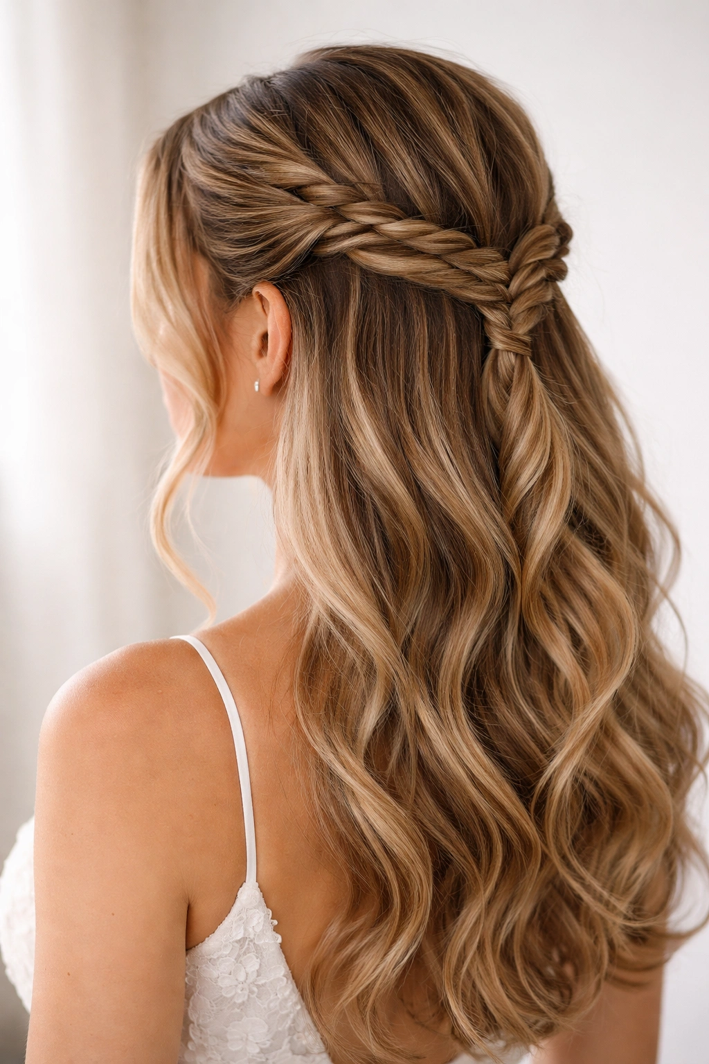 Fishtail braid half-up hairstyle with intricate weave