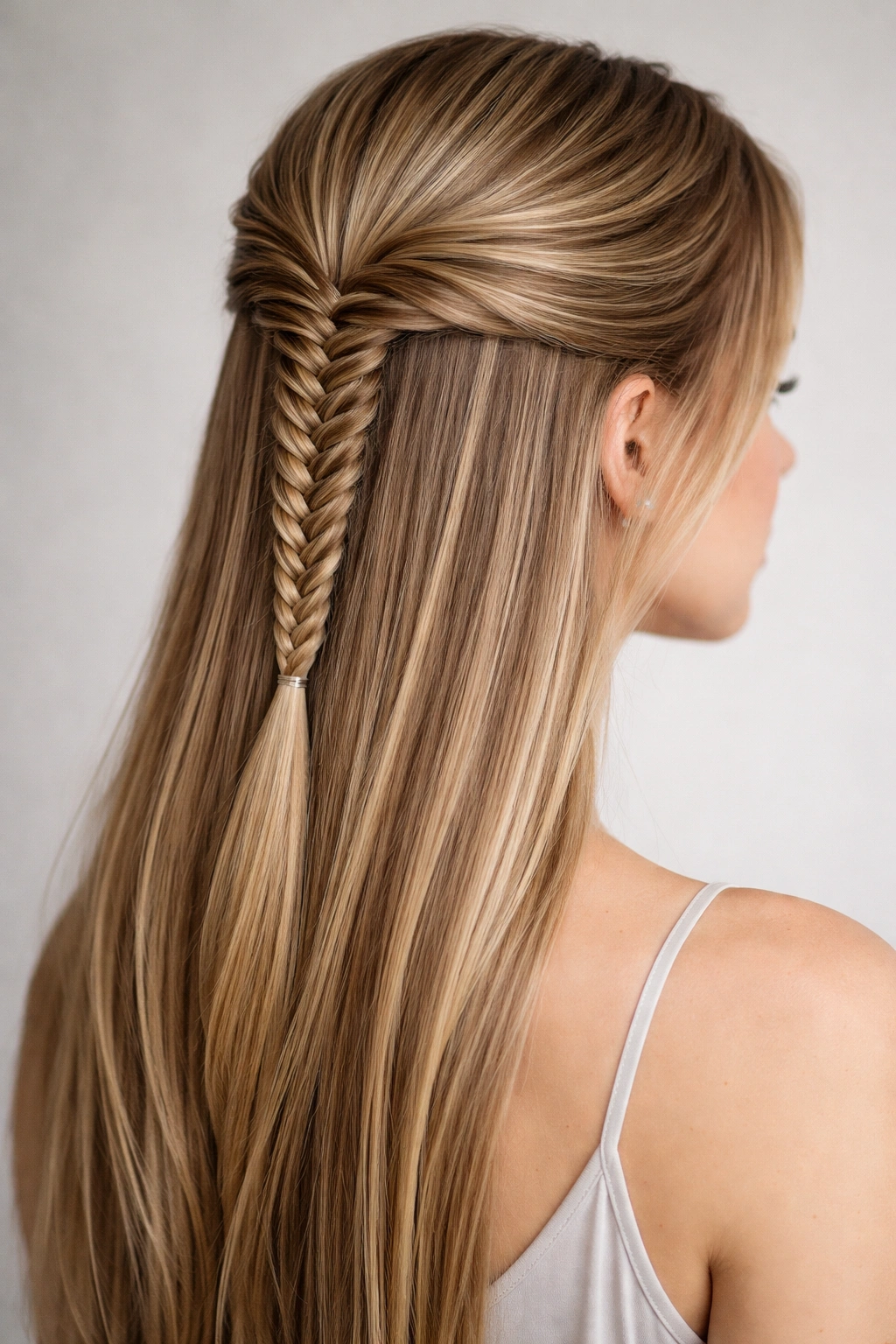 Back/side view of half-up fishtail braid on straight hair