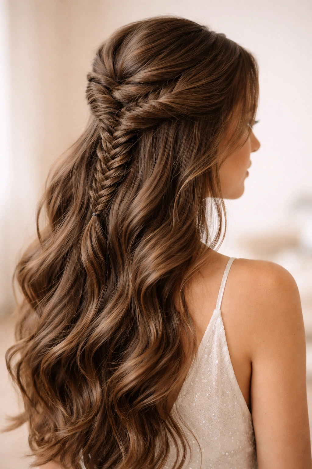 Close-up of thick hair in a half-up fishtail braid with waves