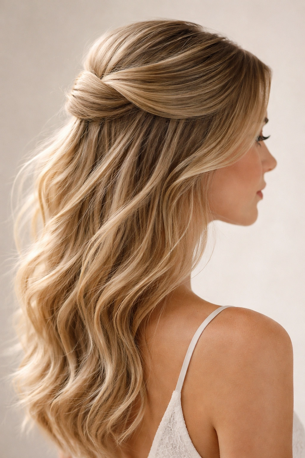 Side view of half-up hairstyle with backward flip showing texture