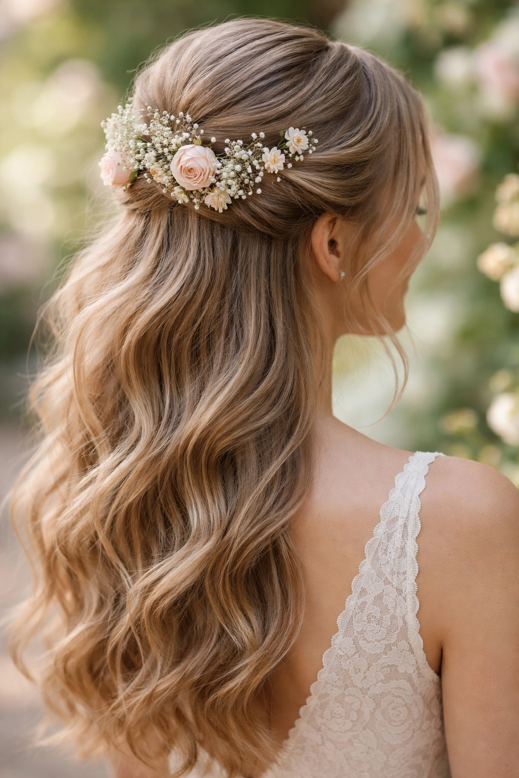 Half-up hairstyle with delicate flowers woven into the crown