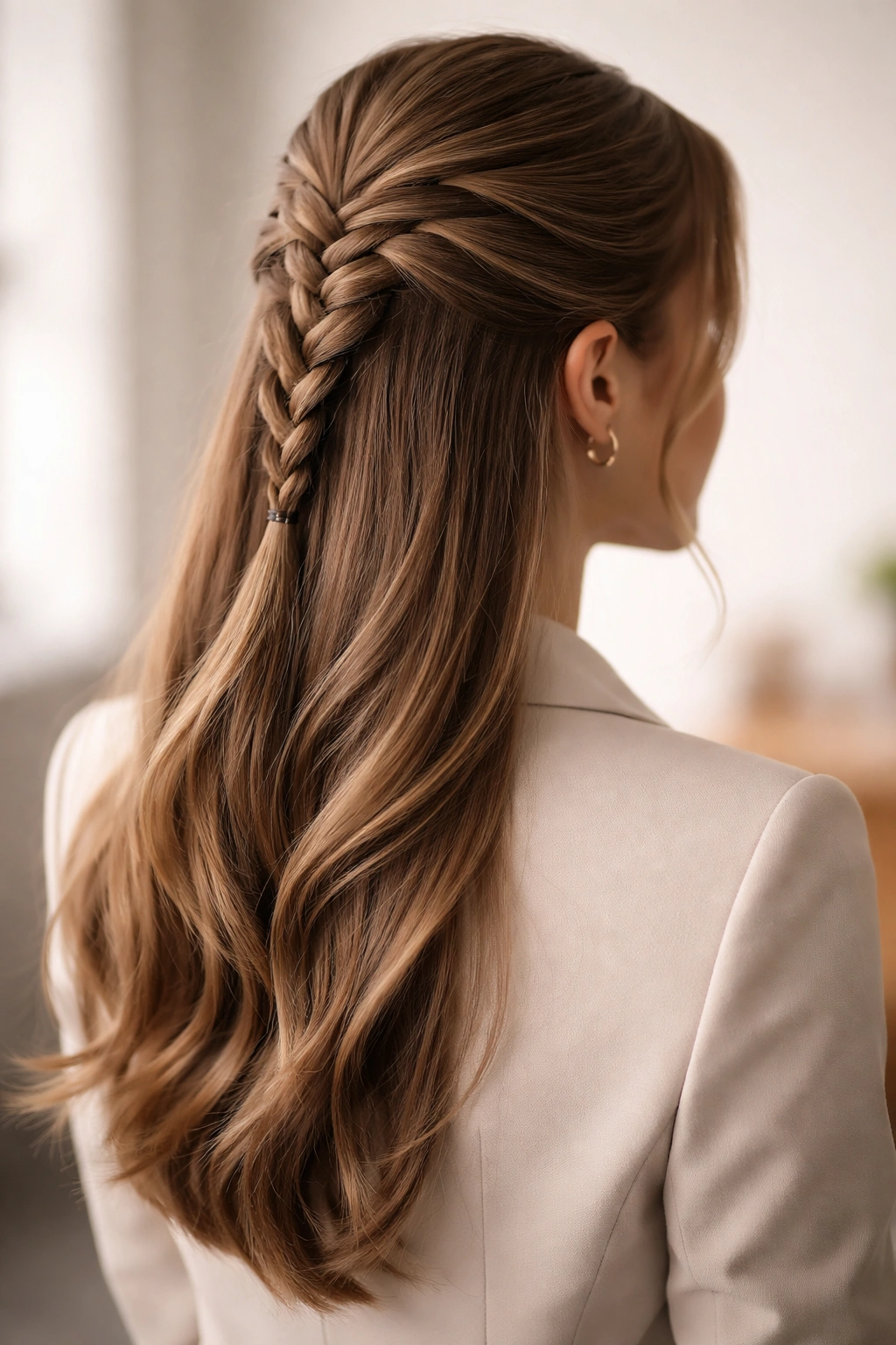 Half-up French braid with top braid and loose bottom hair in a professional style
