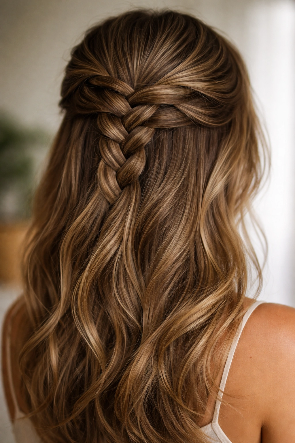 Close-up of half-up French braid on top half of head with lower hair down