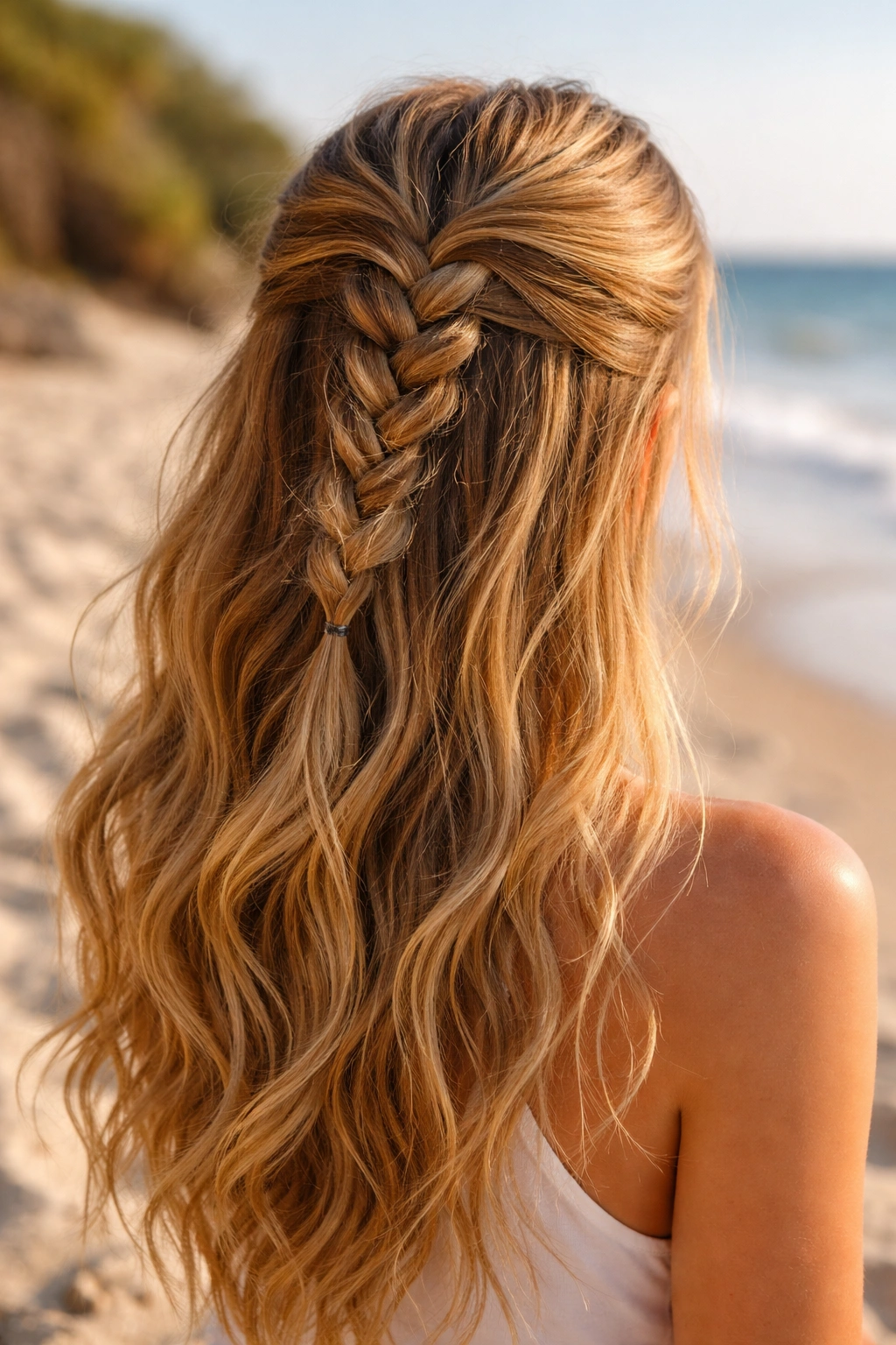 Close-up of a head with a half-up French braid on a beach, bottom hair loose