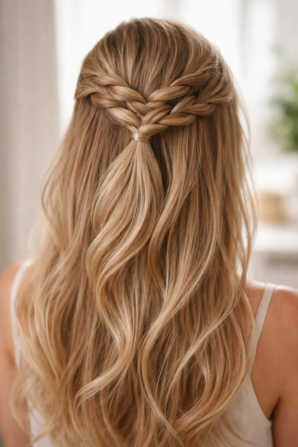 Half-up French braid at the crown with down hair