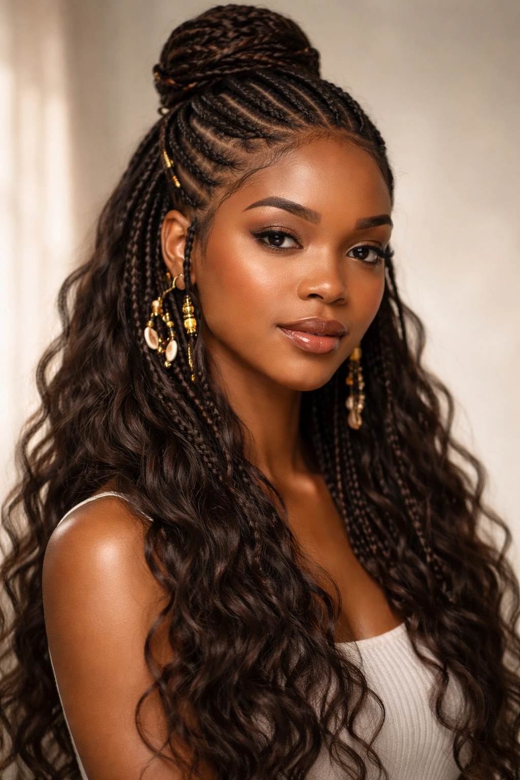 Half-Up Fulani braids with top braided crown and loose bottom waves