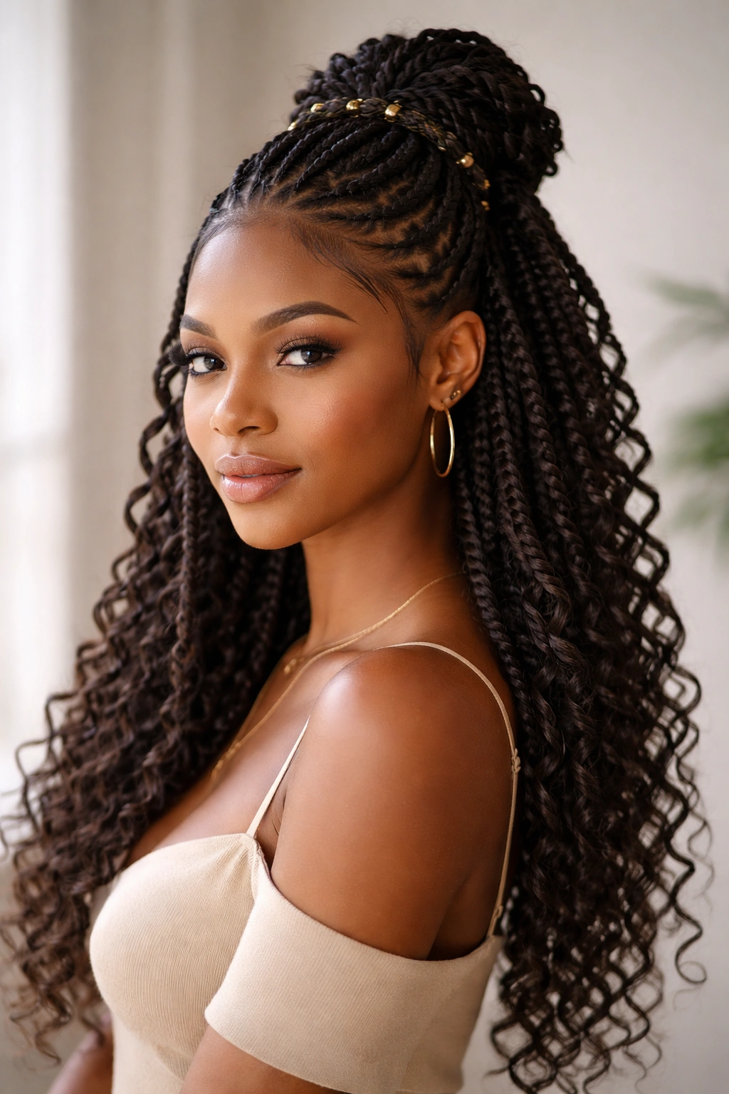Half-up Fulani twists with upper section secured and lower curly hair flowing