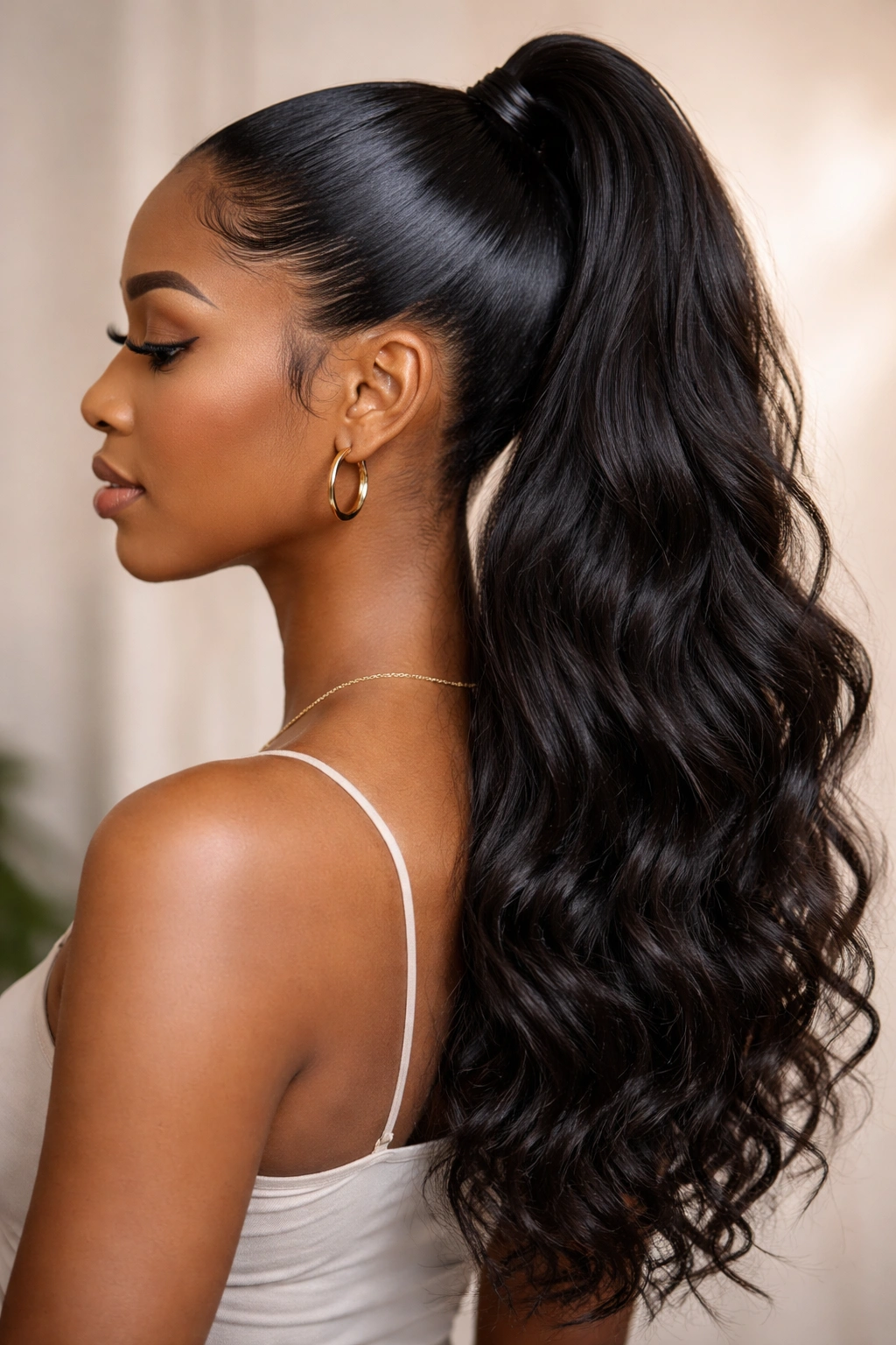 Half-up gel ponytail with sleek top and loose bottom