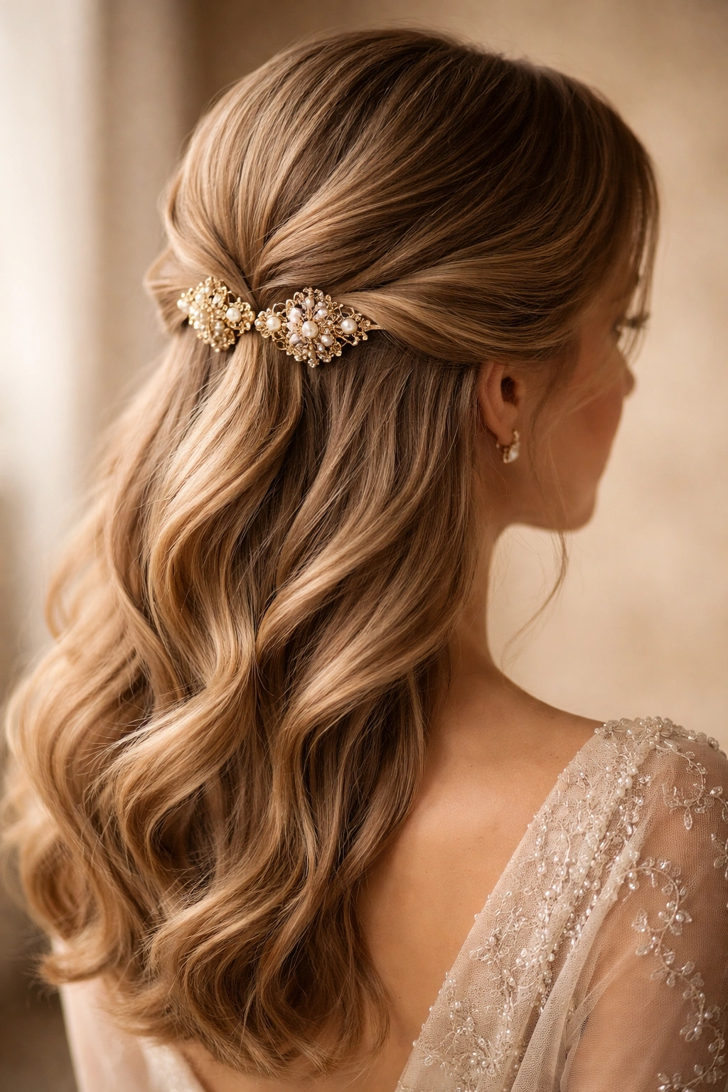Close-up of a low twisted half-up hairstyle secured with gilded clips in warm studio lighting
