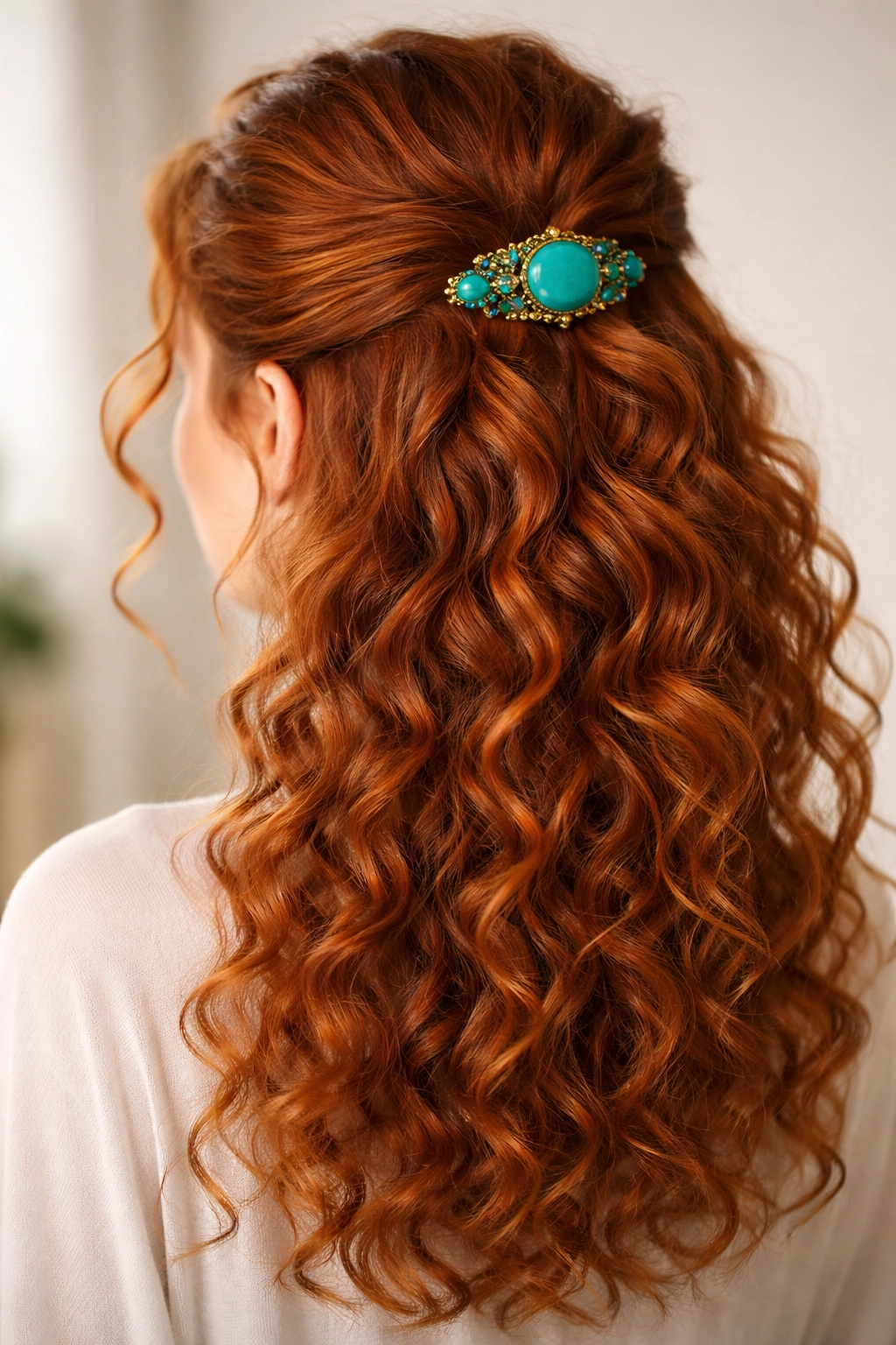 Close-up of a red curly hair half-up with a bright turquoise hair clip