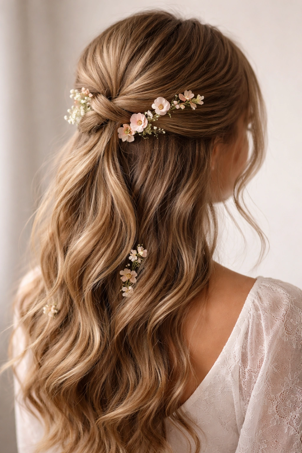 Close-up of a romantic twisted half-up hairstyle with small scattered blooms in a neutral studio setting