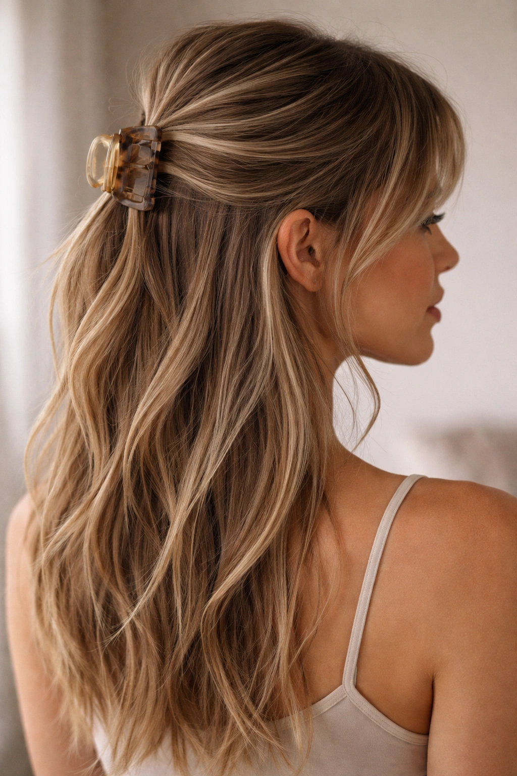 Close-up of straight hair with piece-y texture in a half-up style secured by a claw clip