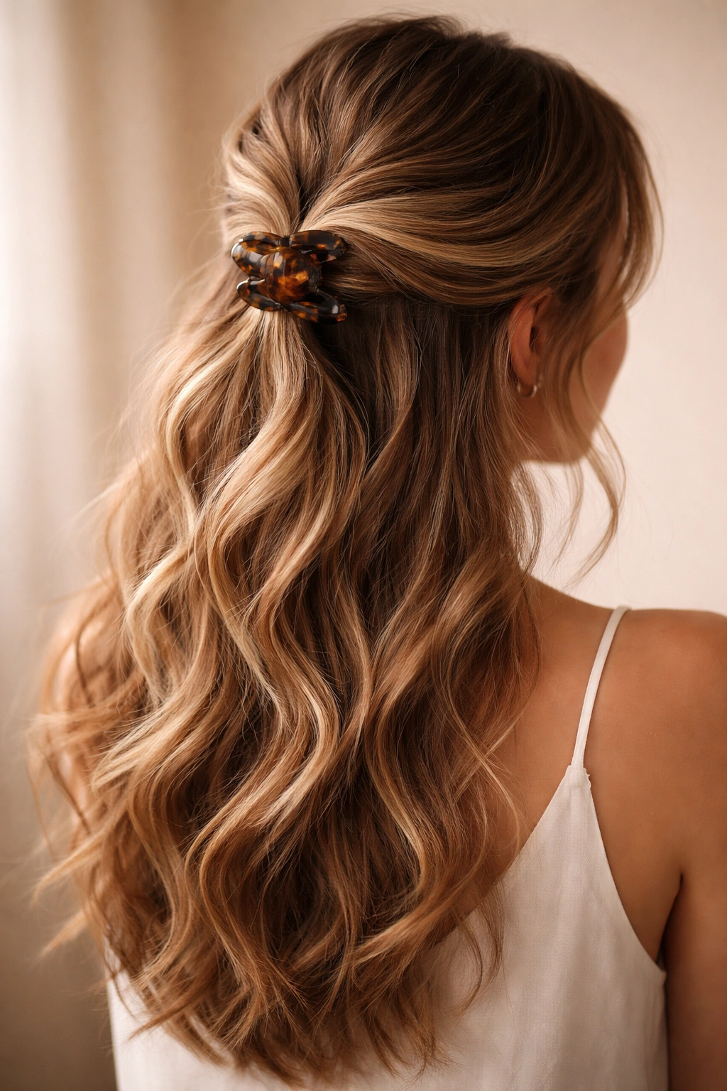 Back view of textured half-up hairstyle with claw clip at the nape