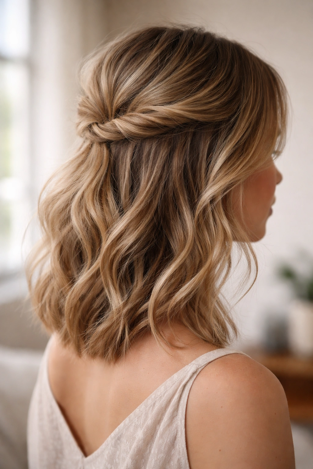 Close-up of fine hair in a loose messy half-up with twisted side sections and soft waves