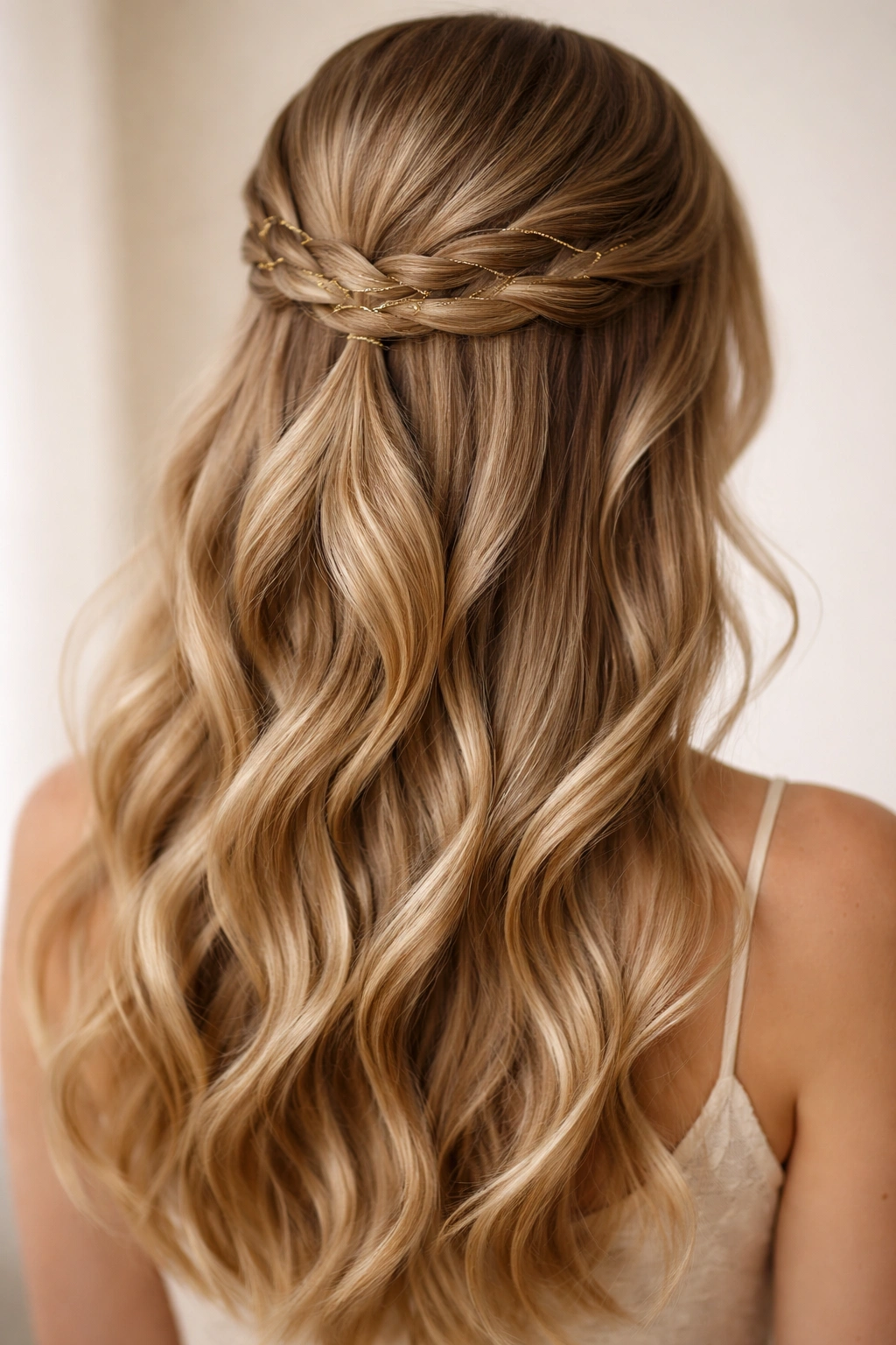 Close-up of a half-up hairstyle with a delicate gold thread woven through a crown braid, light catching the metallic thread