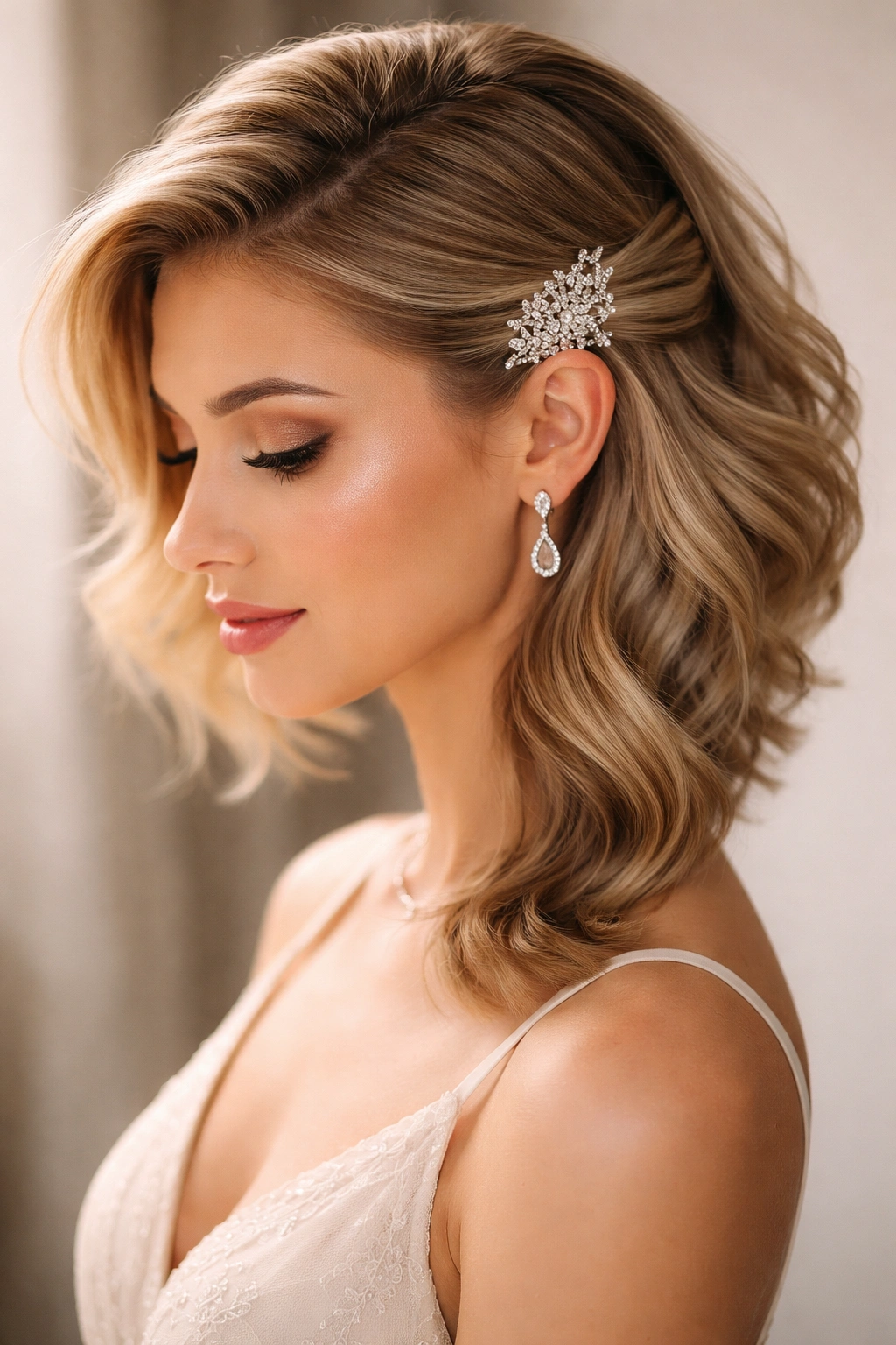 Swept side half-up hairstyle with metal clip at the temple and cascading strand