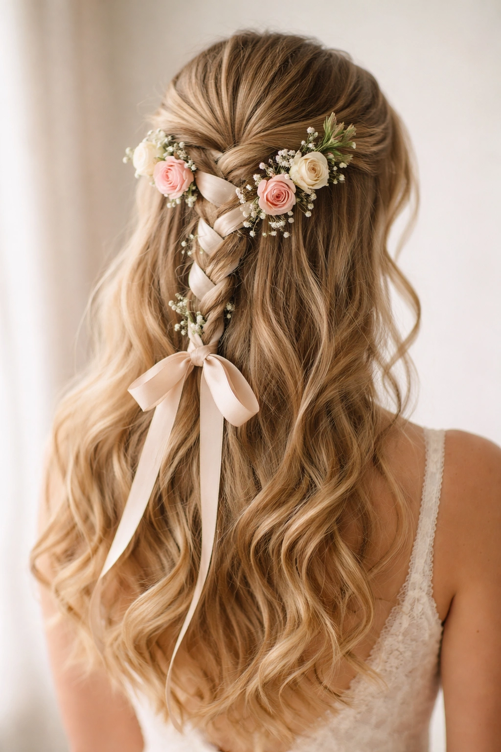 Close-up of a half-up braid wrapped with ribbon and small flowers