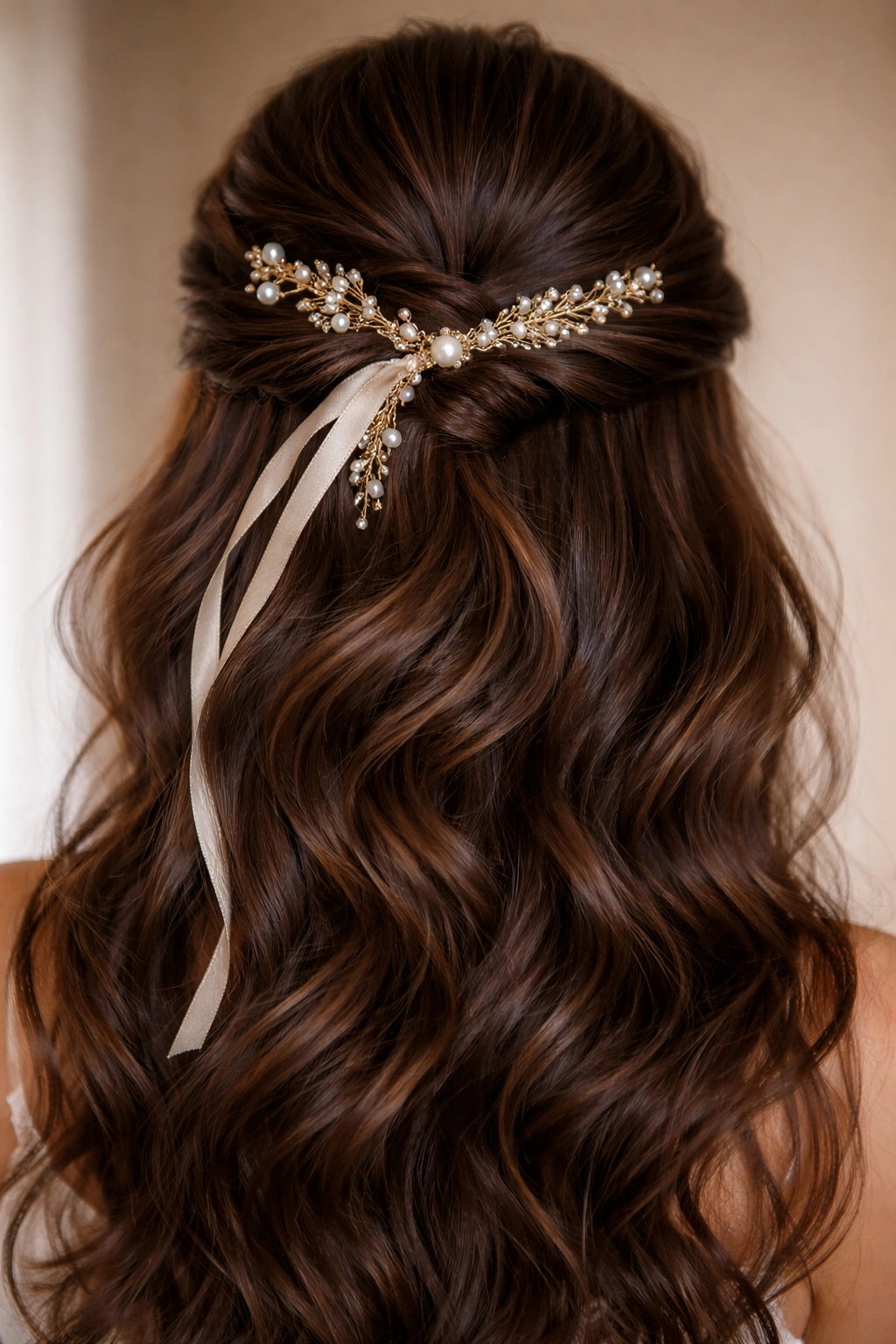Close-up of wavy brown hair in a half-up style with beads, clips, and ribbon at the crown