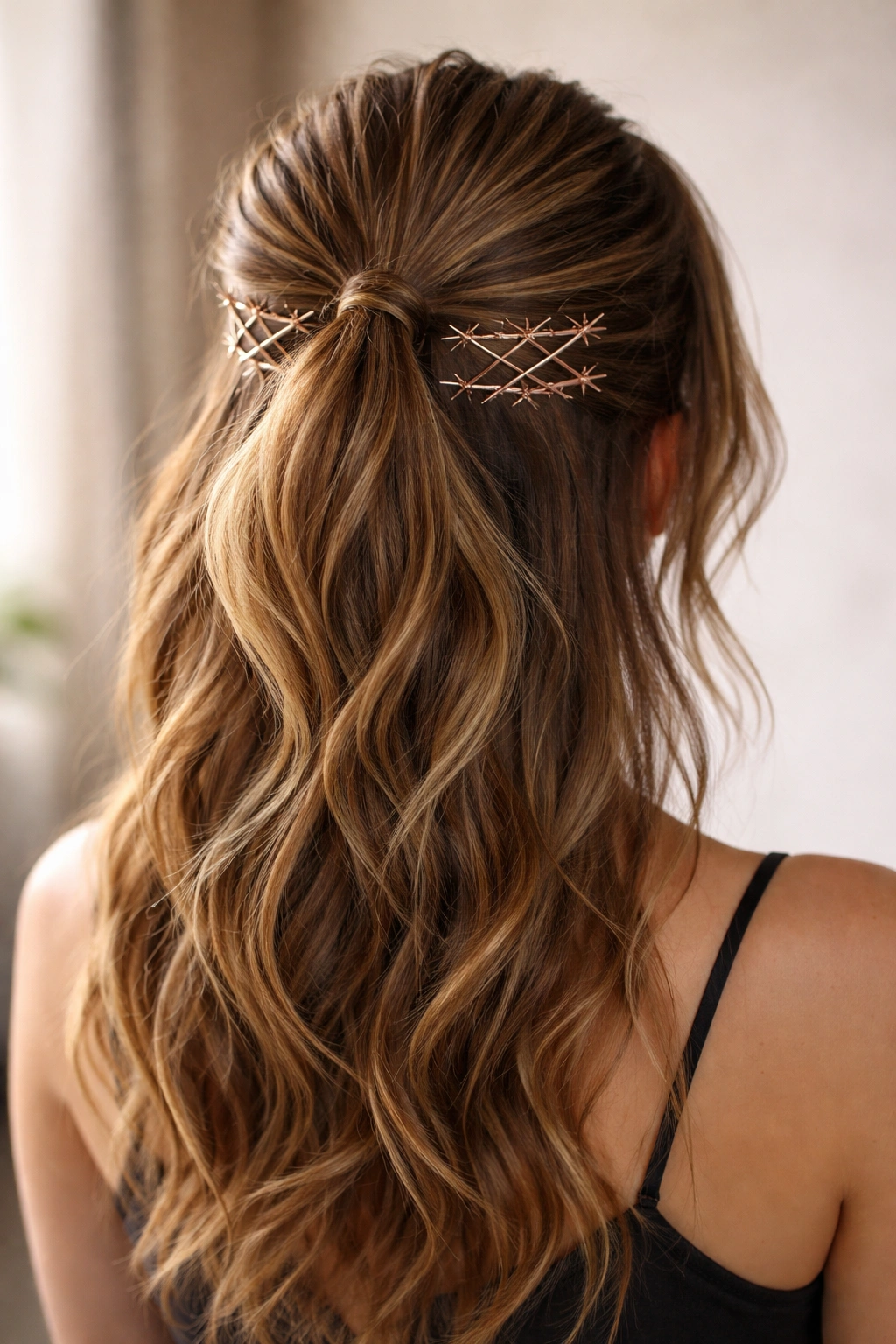Back view of half-up hairstyle with visible spiky bobby pins arranged around the ponytail