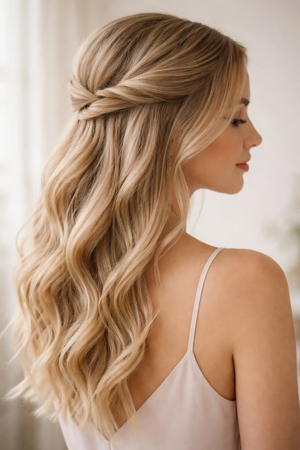 Close-up of a bridesmaid hairstyle with softly twisted half-up and delicate waves, showcasing texture on fine hair