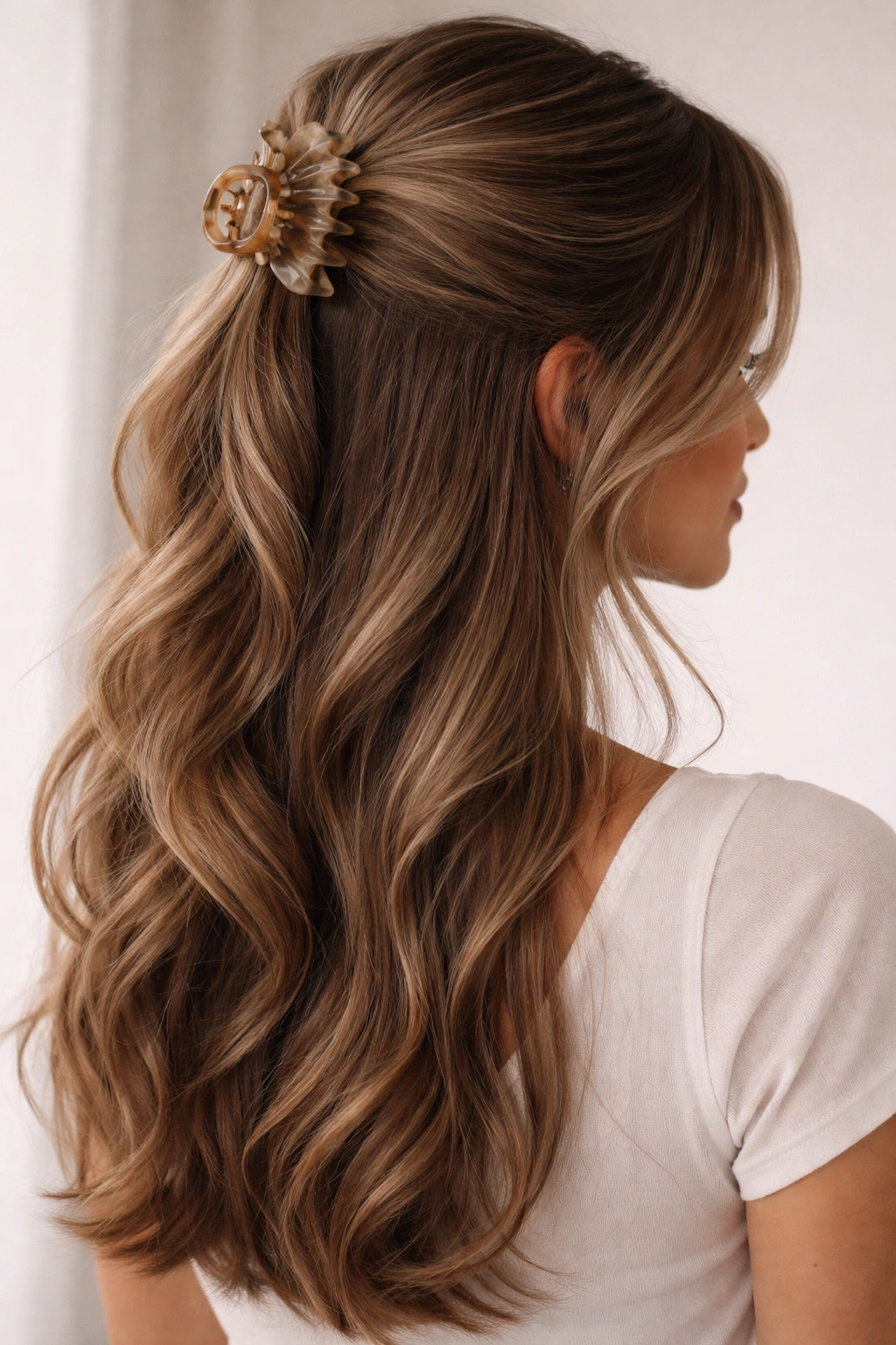 Close-up of classic high half up hairstyle with claw clip, crown volume and face-framing strands
