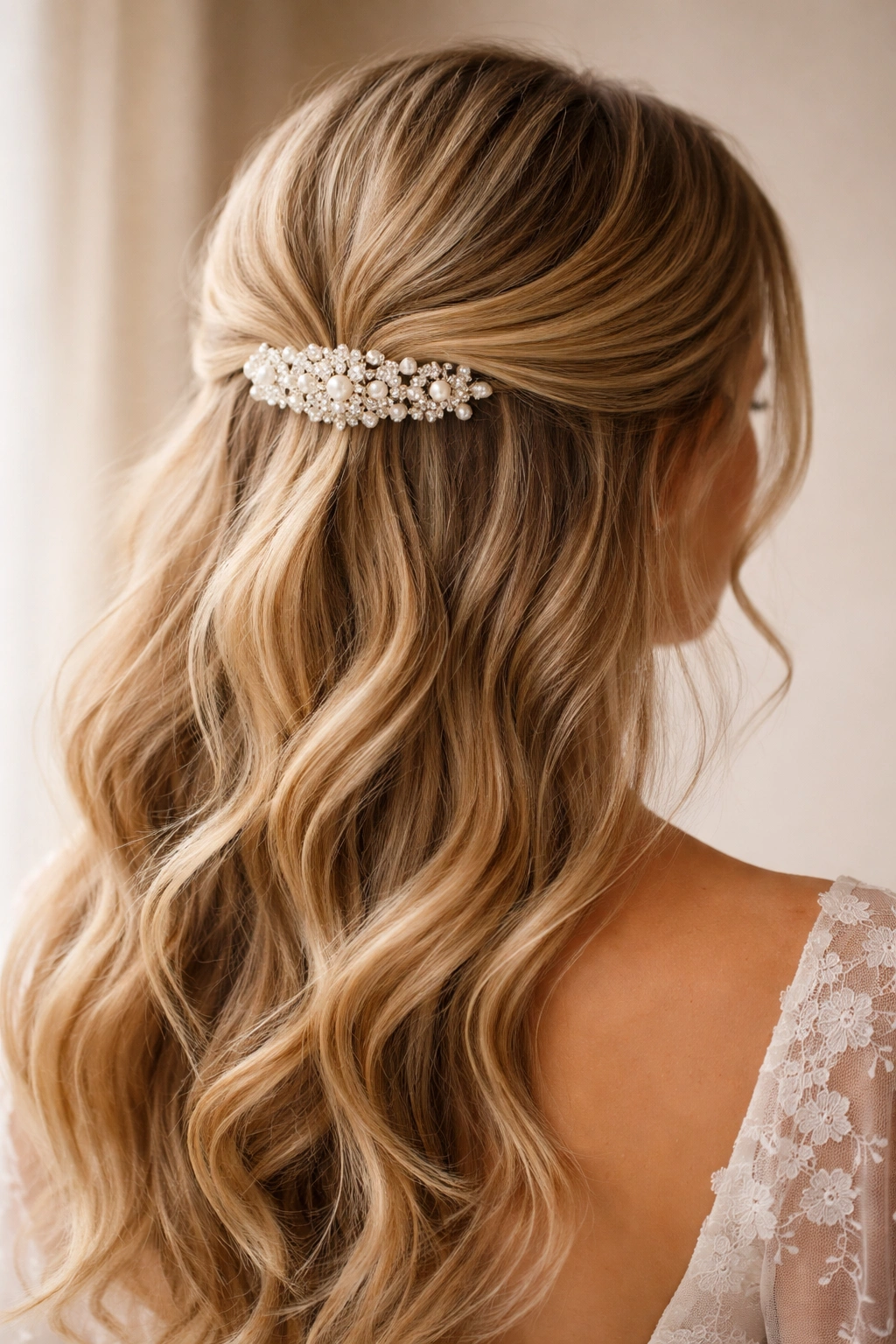Close-up of a half-up hairstyle secured with a pearl or crystal-studded comb