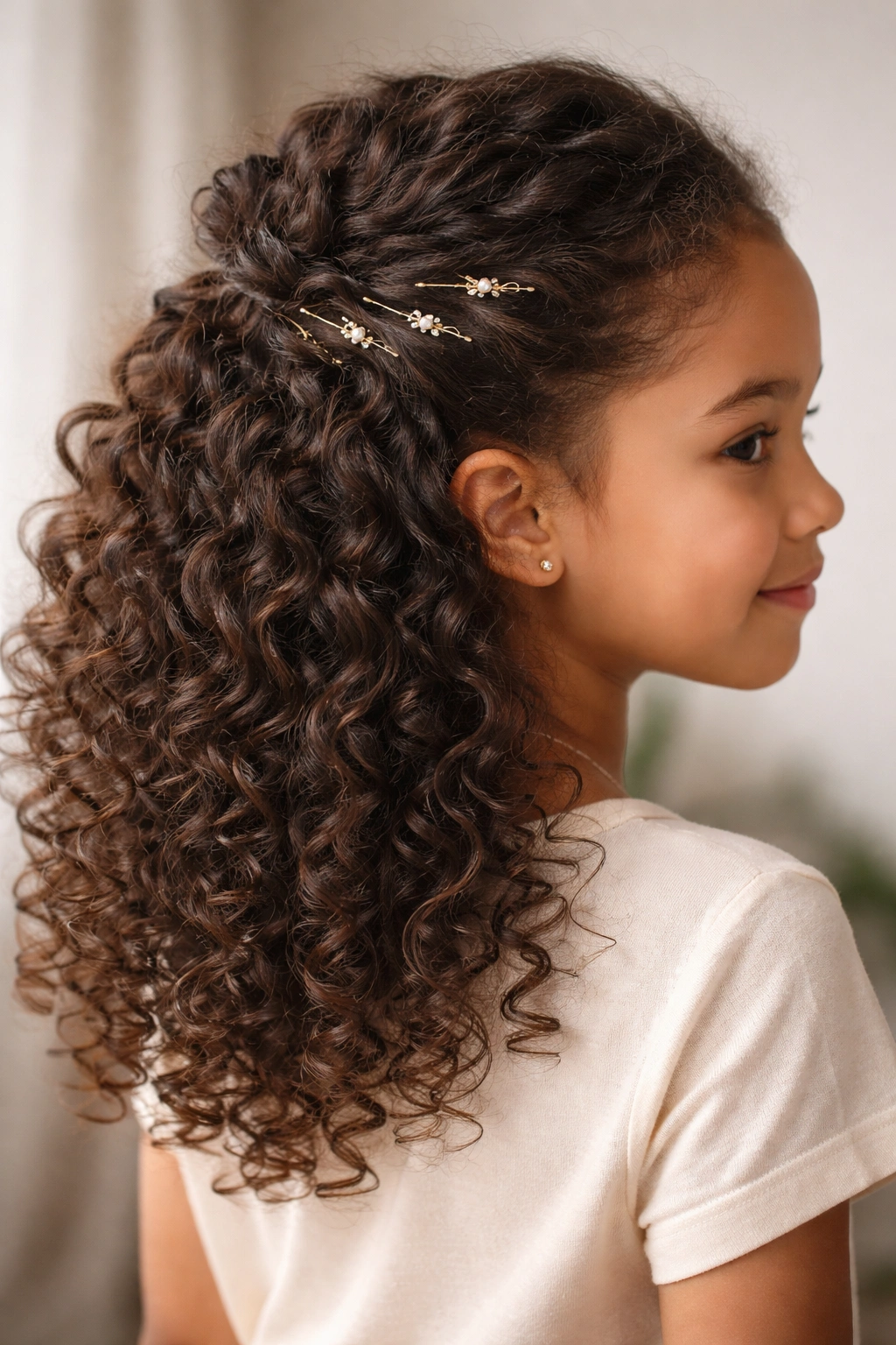 Close-up of a child's curly hair in a half-up style with hidden bobby pins