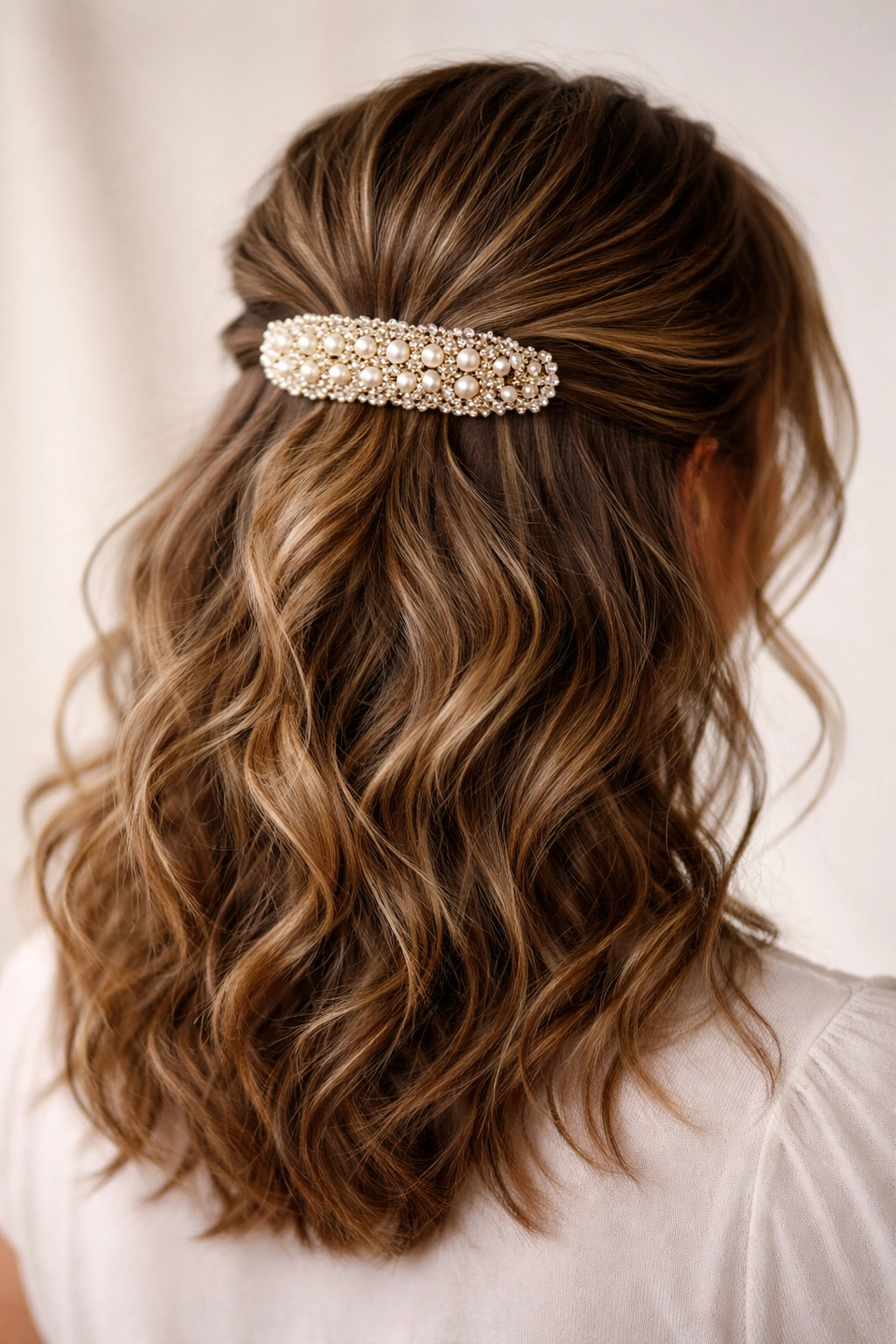 Close-up of wavy shoulder-length hair half-up with a decorative pearl comb at the crown