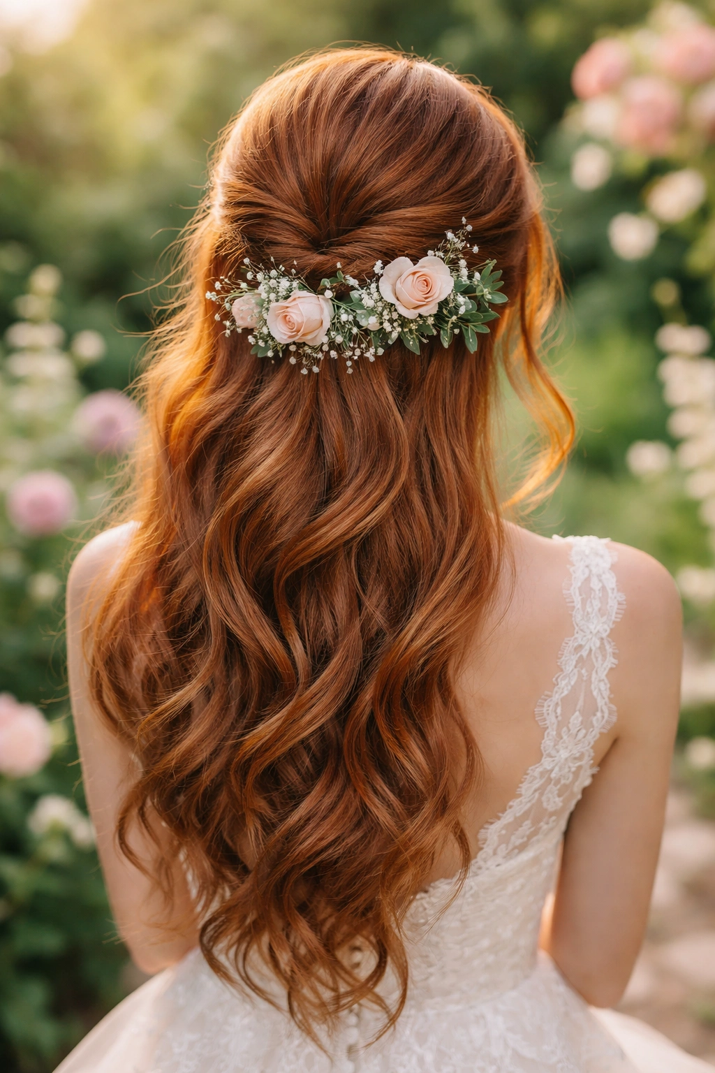 Red-haired bride with twisted sections and fresh flowers in hair