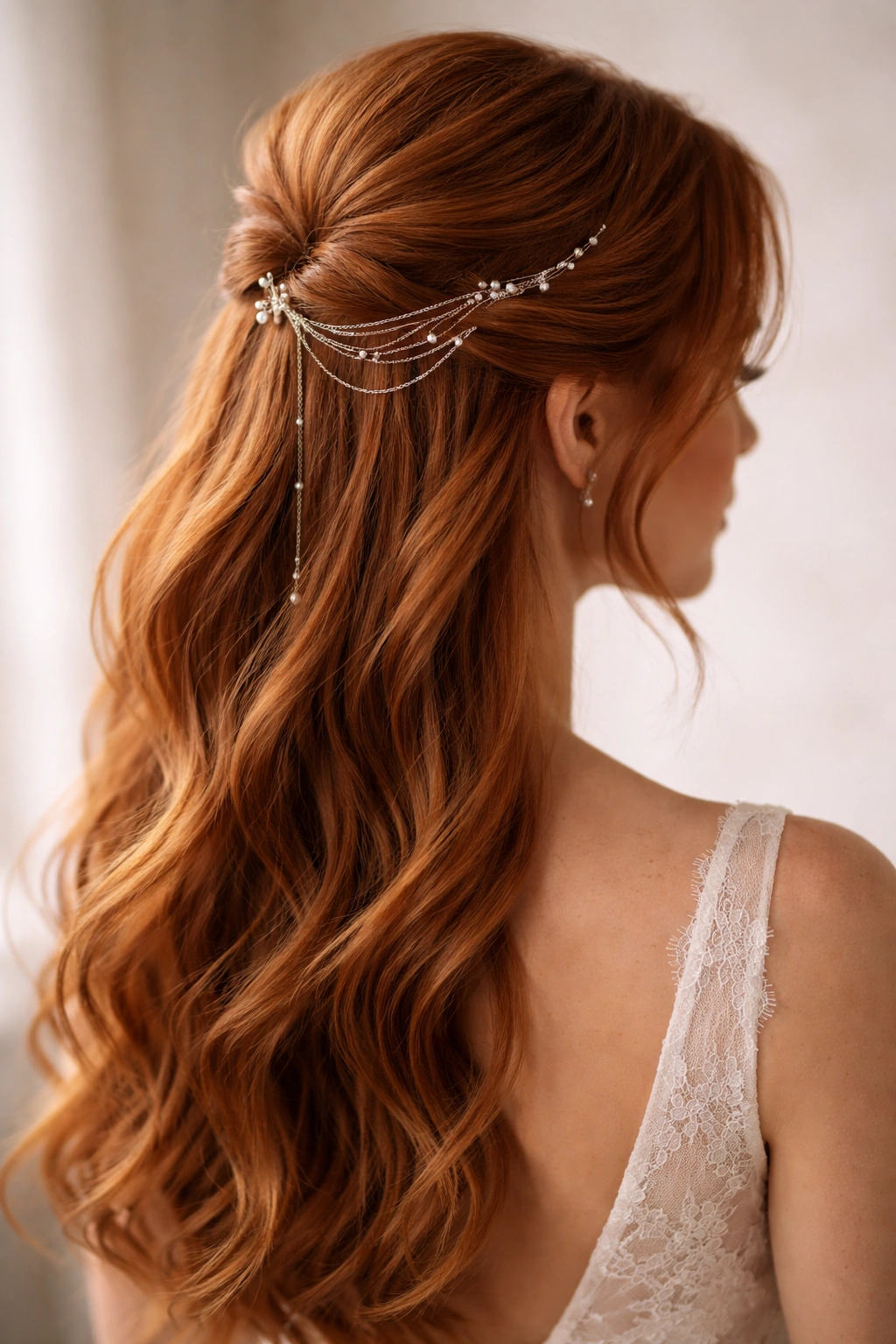 Close-up of red hair with a delicate chain hair jewelry in a half-up style