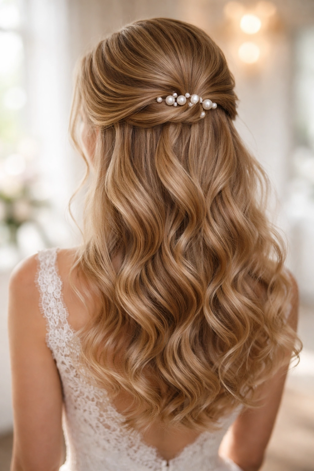 Soft Curled Half-Up with Pearl Pins hairstyle with loose curls and pearl pins