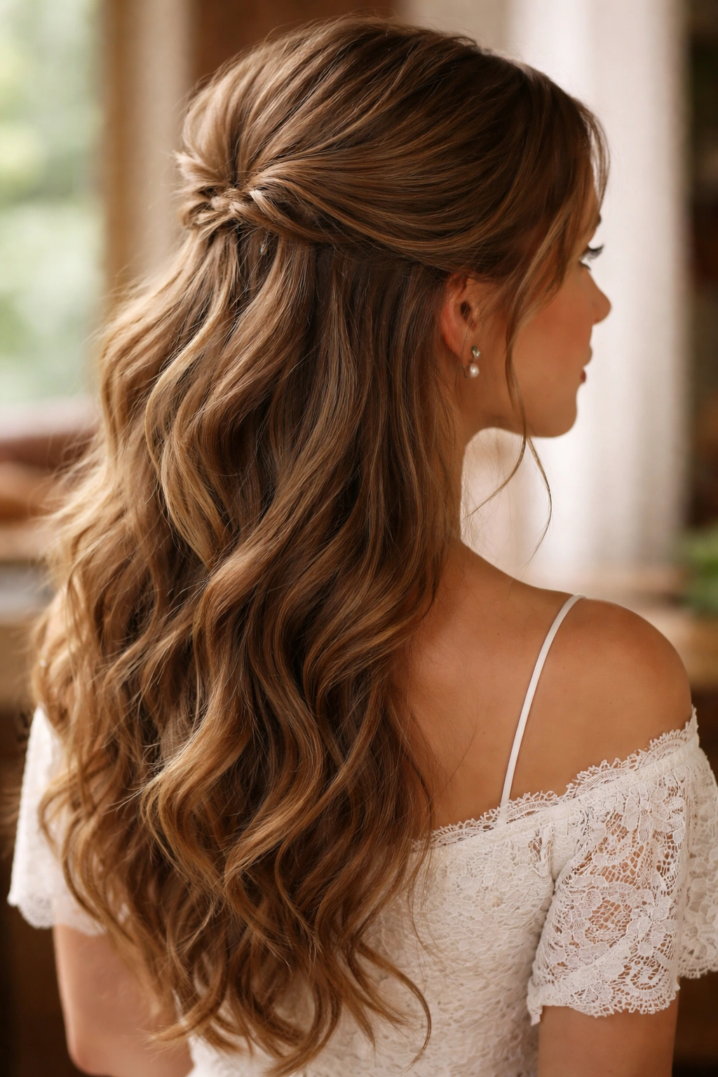 Three-quarter view of half-up cottagecore hairstyle with hidden pins and soft waves