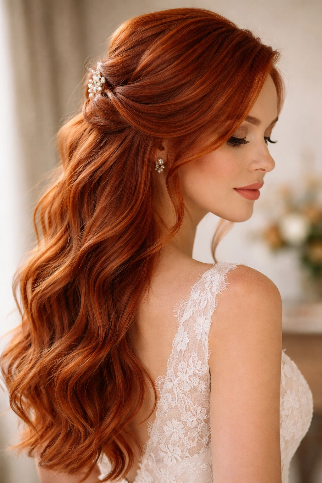 Close-up of a red-haired bride showing a half-up hairstyle with a romantic off-center side sweep