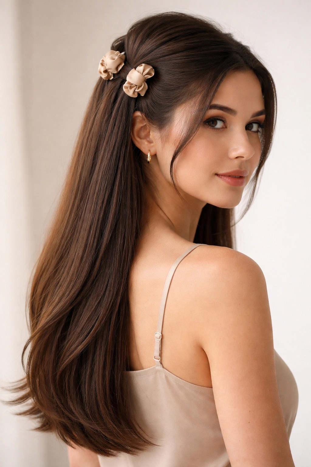 Portrait of a person with straight hair in a half-up style secured with silk clips