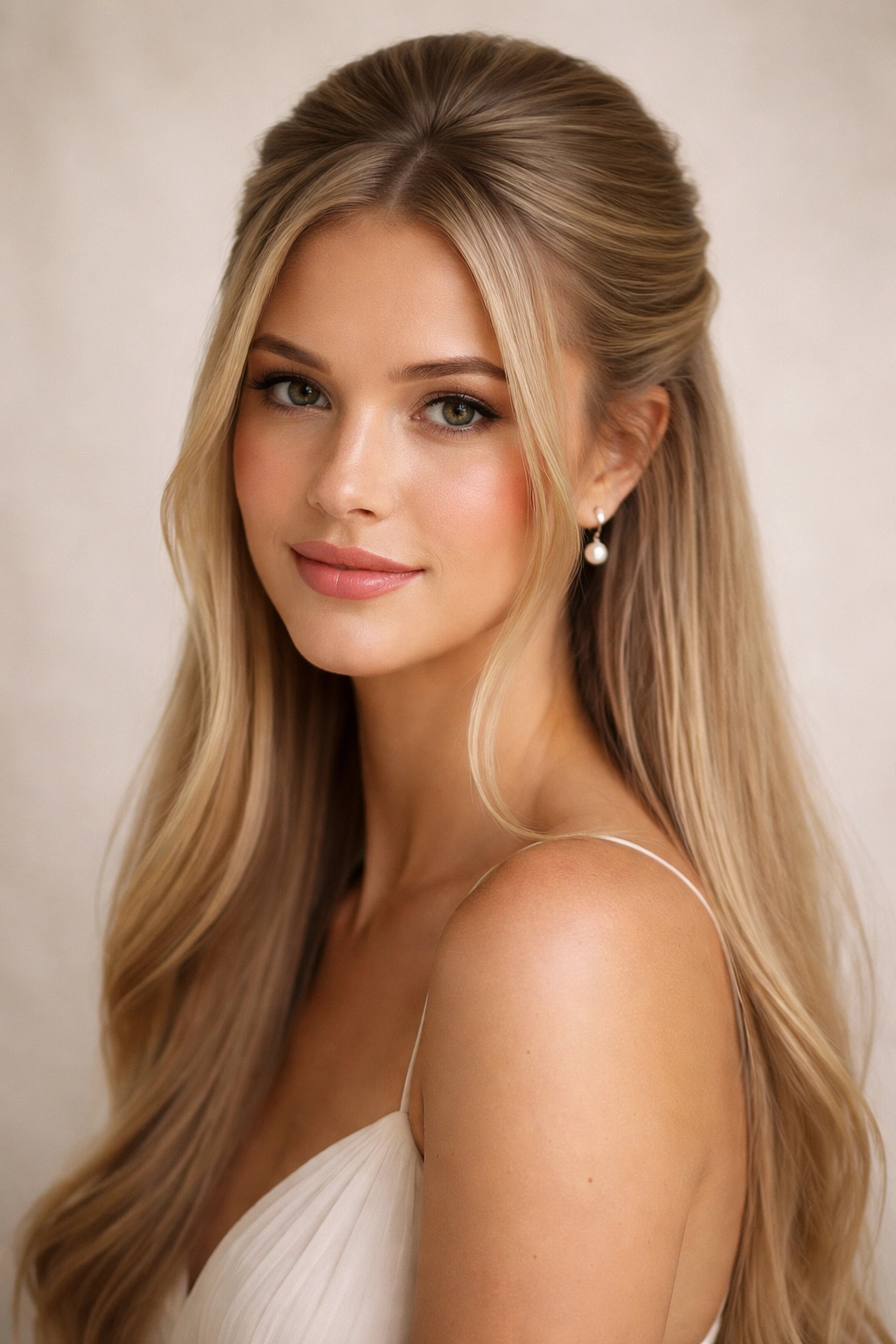 Close-up of a straight-haired model with a soft front-gathered half-up hairstyle and face-framing sides