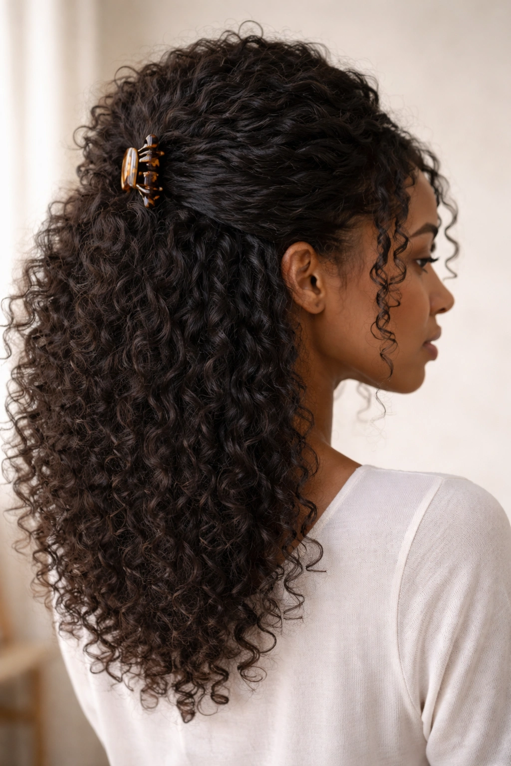 Close-up of a natural hairstyle with textured volume in a half-up claw clip.