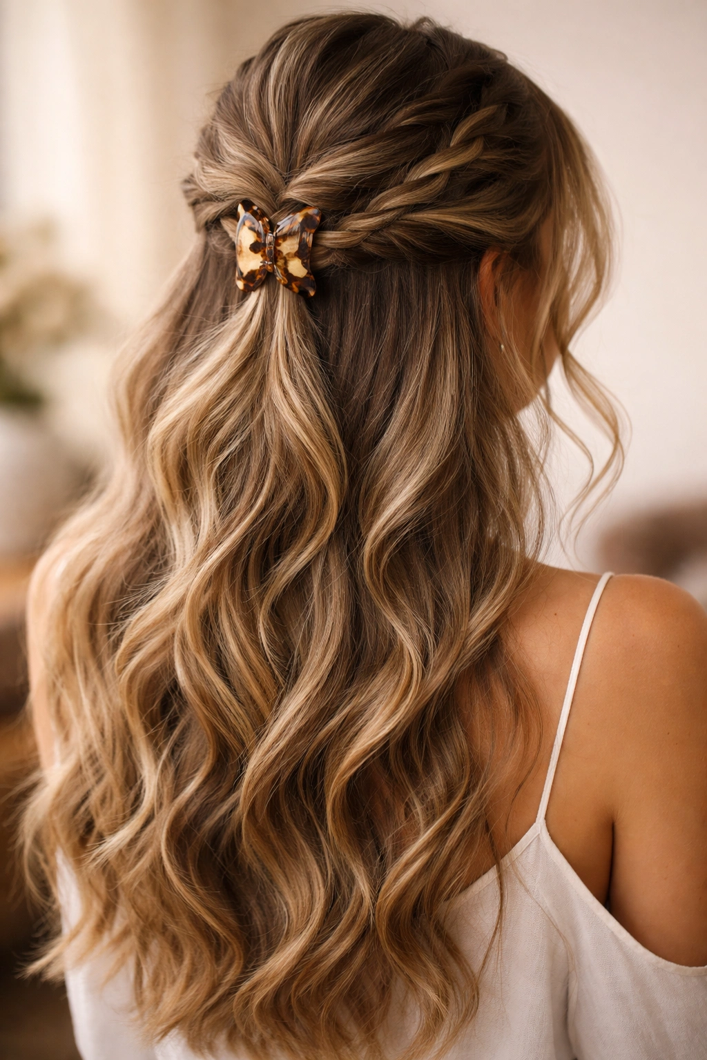 Close-up of The Multi-Texture Half Up with Waves and Braids hairstyle with braid, twist, and waves secured at center back