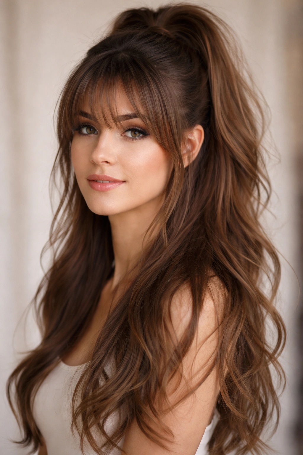Portrait of a person with half-up half-down hair and layered bangs.